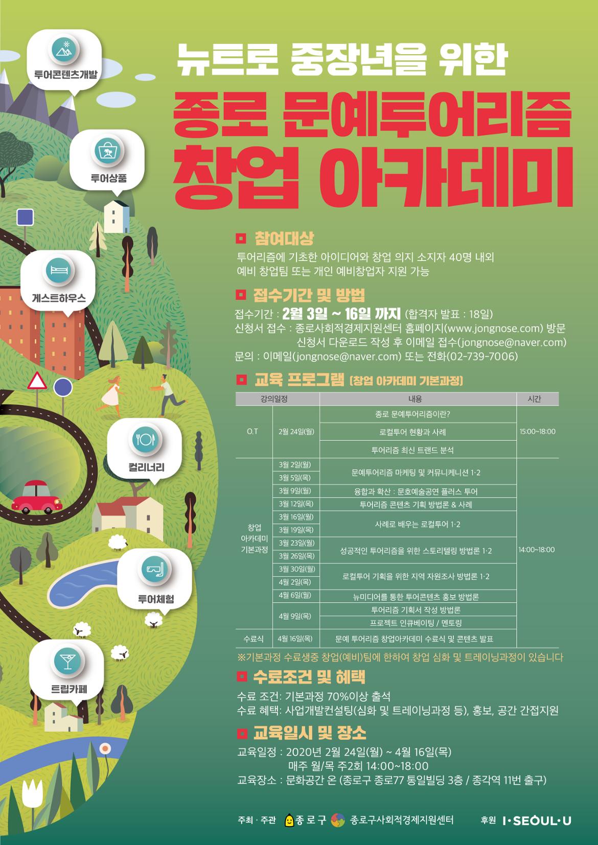 뉴트로 중장년을 위한 종로 문예투어리즘 창업 아카데미 참여대상 투어리즘에 기초한 아이디어와 창업 의지 소지자 40명 내외 예비 창업팀 또는 개인 예비창업자 지원 가능 접수기간 및 방법 접수기간 : 2월3일부터16일까지 합격자 발표 18일 신청서 접수 : 종로사회적경제지원센터 홈페이지(www.jongnose.com) 방문, 신청서 다운로드 작성 후 이메일 접수(jongnose@naver.com) 문의 : 이메일(jongnose@naver.com) 또는 전화(02-739-7006) 교육프로그램(창업 아카데미 기본과정) 강의일정 내용 시간 O.T 2월 24일(월) 종로문예투어리즘이란? 로컬투어 현황과 사례 투어리즘 최신 트랜드 분석 15:00~18:00 창업아카데미 기본과정 3월2일(월) 3월5일(목) 문예투어리즘 마케팅 및 커뮤니케이션1,2 3월9일(월) 융합과 확산:문호예술공연 플러스 투어 3월12일(목) 투어리즘 콘텐츠 기획 방법론과 사례 3월16일(월) 3월19일(목) 사례로 배우는 로컬투어1,2 3월23일(월) 3월26일(목) 성공적인 투어리즘을 위한 스토리텔링 방법론1,2 3월30일(월) 4월2일(목) 로컬투어 기획을 위한 지역 자원조사 방법론1,2 4월6일(월) 뉴미디어를 통한 투어콘텐츠 홍보 방법론 4월9일(목) 투어리즘 기획서 작성 방법론 프로젝트 인큐베이팅 멘토링 술식 4월 16일(목) 문예 투어리즘 창업아카데미 수료식 및 콘텐츠 발표 14:00부터18:00까지 기본과정 수료생중 창업(예비)팀에 한하여 창업 심화 및 트레이닝과정이 있습니다. 수료조건 및 혜택 수료조건:기본과정 70%이상 출석 수료혜택:사업개발컨설팅(심화 및 트레이닝과정 등), 홍보, 공간 간접지원 교육일시 및 장소 교육일정:2020년2월24일(월)부터4월16일(목)까지 매주 월/목 주2회 14:00부터18:00까지 교육장소:문화공간 온 (종로구 종로77 통일빌딩 3층/종각역 11번 출구)