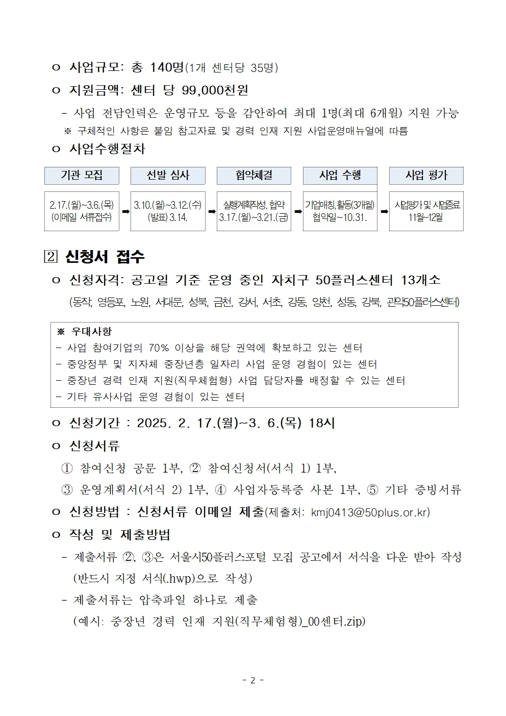 o 사업규모: 총 140명(1개 센터당 35명)

o 지원금액: 센터 당 99,000천원

- 사업 전담인력은 운영규모 등을 감안하여 최대 1명(최대 6개월) 지원 가능 ※ 구체적인 사항은 붙임 참고자료 및 경력 인재 지원 사업운영매뉴얼에 따름

o 사업수행절차

기관 모집
2.17.(월)~3.6.(목)
(이메일 서류접수)
선발 심사
3.10.(월)~3.12.(수) (발표) 3.14.
협약체결
실행계획작성, 협약 3.17.(월)~3.21.(금)
사업 수행
기업매칭, 활동(3개월) 협약일~10.31.
사업 평가
사업평가 및 사업종료 11월~12월

[2] 신청서 접수

o 신청자격: 공고일 기준 운영 중인 자치구 50플러스센터 13개소

(동작, 영등포, 노원, 서대문, 성북, 금천, 강서, 서초, 강동, 양천, 성동, 강북, 관악50플러스센터)

※ 우대사항

- 사업 참여기업의 70% 이상을 해당 권역에 확보하고 있는 센터

- 중앙정부 및 지자체 중장년층 일자리 사업 운영 경험이 있는 센터

- 중장년 경력 인재 지원(직무체험형) 사업 담당자를 배정할 수 있는 센터

- 기타 유사사업 운영 경험이 있는 센터

o 신청기간 : 2025. 2. 17.(월)~3. 6.(목) 18시

o 신청서류

1 참여신청 공문 1부, 2 참여신청서(서식 1) 1부,

3 운영계획서(서식 2) 1부, 4 사업자등록증 사본 1부, 5 기타 증빙서류

o 신청방법 : 신청서류 이메일 제출(제출처: kmj0413@50plus.or.kr)

o 작성 및 제출방법

- 제출서류 2, 3은 서울시50플러스포털 모집 공고에서 서식을 다운 받아 작성

(반드시 지정 서식(.hwp)으로 작성)

- 제출서류는 압축파일 하나로 제출

(예시: 중장년 경력 인재 지원(직무체험형)_00센터.zip)