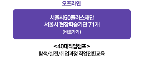 오프라인
서울시50플러스재단 서울시 현장학습기관 71개 (바로가기)
<40대직업캠프>
탐색/실전/취업과정 직업전환교육