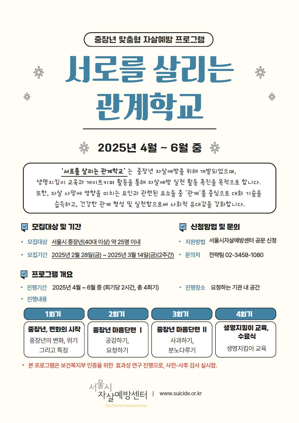 서울자방제254-016(2025.02.19.)+붙임+2.+2025년+중장년+맞춤형+자살예방+프로그램+‘서로를+살리는+관계학교’+홍보+포스터+1부.jpg